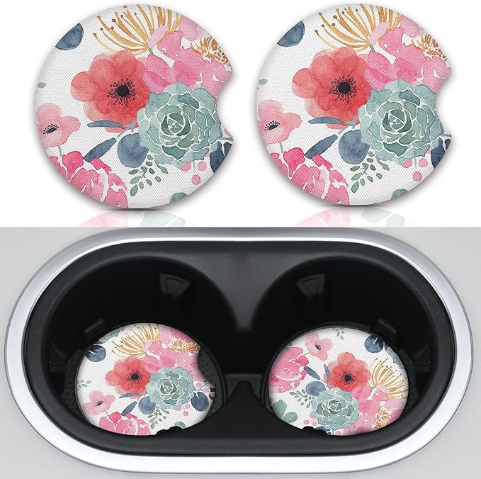 Watercolor Floral Car Coaster for Cup Holders,Car Accessories for Women,2pcs 2.75inch Universal Anti Slip Car Assecories,Car Cup Holder with A Finger Notch