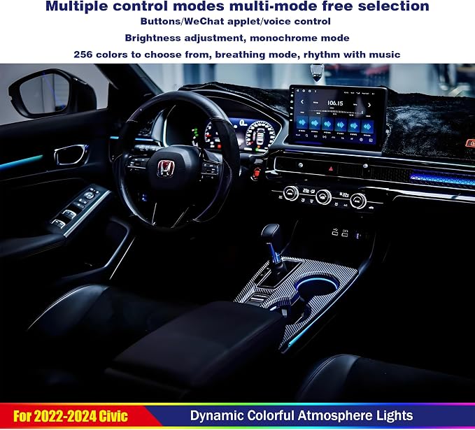 LED Ambient Lighting Kit for 11th Gen Honda Civic - Co-Pilot Glowing Trim, Footwell Light, 4 Luminous Trim Plates, Center Console Light bar
