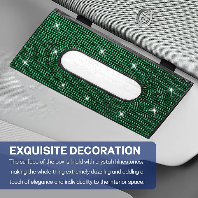 Bling Car Tissue Holder for Sun Visor, Crystal Rhinestone Visor Tissue Box, Leather Vehicle Paper Towel Case, Sparkling Auto Napkin Holder for Women, Car Accessories Decoration (Green)