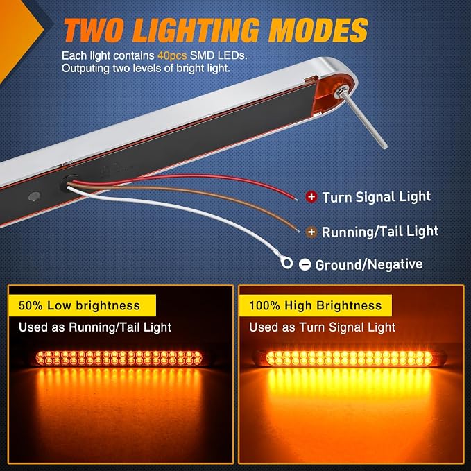 Nilight LED Tail Light 2PCS 17" 40LED Amber Running Tail Turn Signal Lights | W/ Chrome Bezel Waterproof Surface Mount For 12V Towing Trailer Truck RV Camper Boat Identification