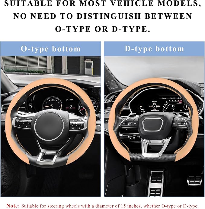 Steering Wheel Cover, 15 Inch Anti-Slip Breathable Steering Wheel Protector Auto Interior Decor, Heat-Resistant Comfort Grip Wheel Cover Universal for Most Cars Trucks SUVs (Beige)