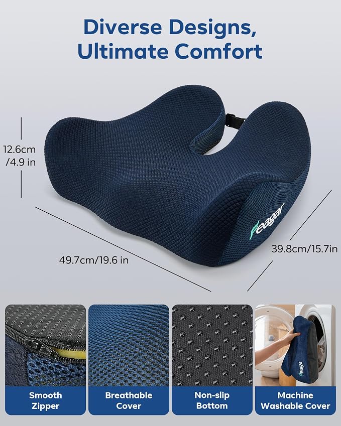 Feagar Seat Cushion for Office Chair - Memory Foam Tailbone Cushion for Desk Chair, Car Seat and Wheelchair - Ergonomic Chair Pad for Hip and Lower Back Comfort - Washable Mesh Cover Blue | Seat Cushion for Tailbone Pain Relief - for Desk Chair, Car& W...