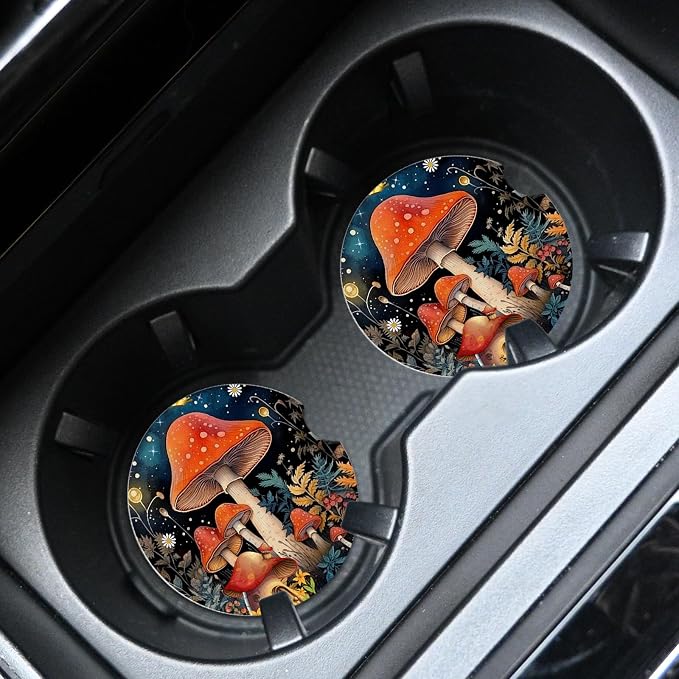 2pcs Cute Red Mushrooms Car Coasters,Absorbent Universal neoprener Cup Holder Coasters with a Finger Notch,Car Accessories for Women&Man Interior，2.75" 2