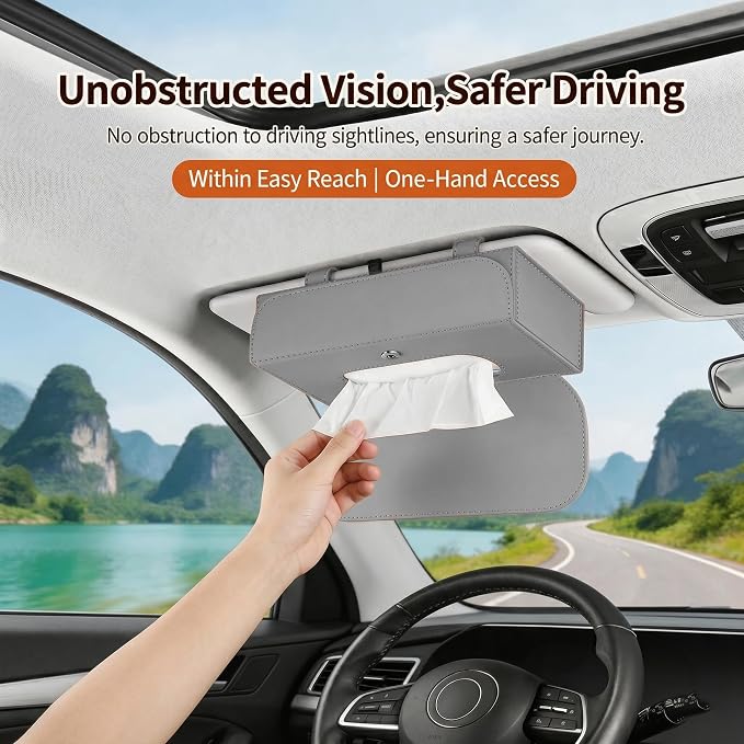 Magnetic Foldable Car Tissue Box - Easy-Install Tissue Holder for Sun Visors and Seat Backs,Premium Leather Car Napkin Organizer—Designed for Commuters,Rideshare Drivers and Families(Grey)