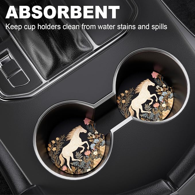 2 Pack Car Cup Holder Coaster, 2.63 inch Anti Slip Insert Absorbent Ceramic Car Coaster with Cork Base and Finger Notch, Cute Car Accessories Interior for Women, Cute Car Coasters.