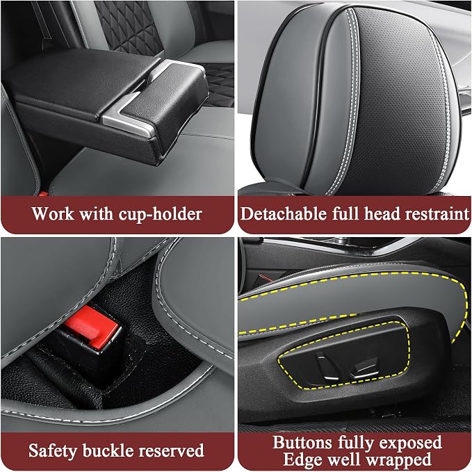 Aierxuan 360° Car Seat Covers Full Set Waterproof Leather, Black-Grey | Universal Fit Toyota Corolla Avalon Highlander Kia K5 Optima Rio Forte Selto Ford Ecosport Bronco Maverick Ranger