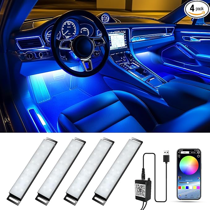 Honalia Interior Car Lights, 4Pcs Car LED Lights with Music Mode and Scene Options, Footwell Lighting for Car with Smart APP Control & USB Charger for Truck DC 5V
