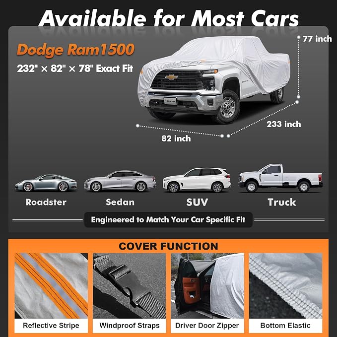 Truck Cover Waterproof All-Weather,Outdoor Pickup Covers(Length 251-262 inch) with Windshield Sun Shade Universal Fit Tacoma, Tundra, F-150, RAM 1500 etc,Size T7 (See Size Chart)