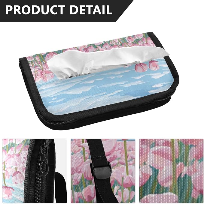 Car Visor Tissue Holder Mask Holder for Car, Car Tissue Box Sun Visor Napkin Holder Car Visor Accessories Adjustable Straps Reusable Durable Easy to Install Pink Tulip Field and Blue Sky