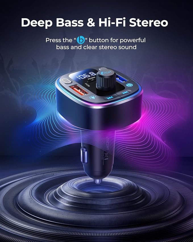 LENCENT Bluetooth 5.4 Car Adapter FM Transmitter 54W Fast Charging | Dual Mics, HiFi Bass Sound, 2 Modes LED Backlit, Cigarette Lighter Adapter Hands-Free Calling Radio, Support USB Drive