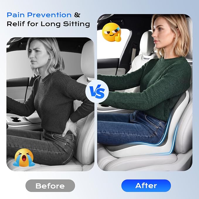 Coverado Car Seat Cushion and Lumbar Support Pillow One Piece, Memory Foam Ergonomic Back Support Driving Seat Cushion for Back Pain, Non-Slip Washable Cushion for Car, Driver, Office