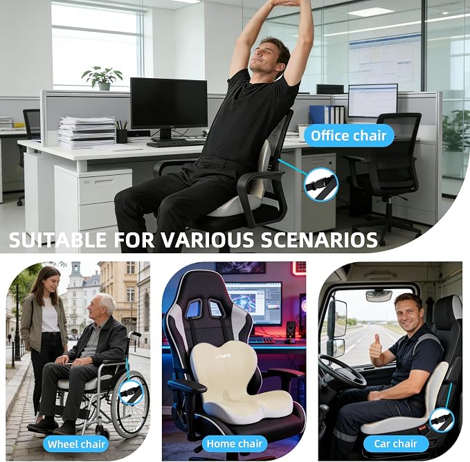 Ergonomic Memory Foam Seat Cushion with Strap for Office Chair, Beige Grey | Contoured coccyx cutout supports back and butt, with a non-slip base and washable cover for office chairs and cars.