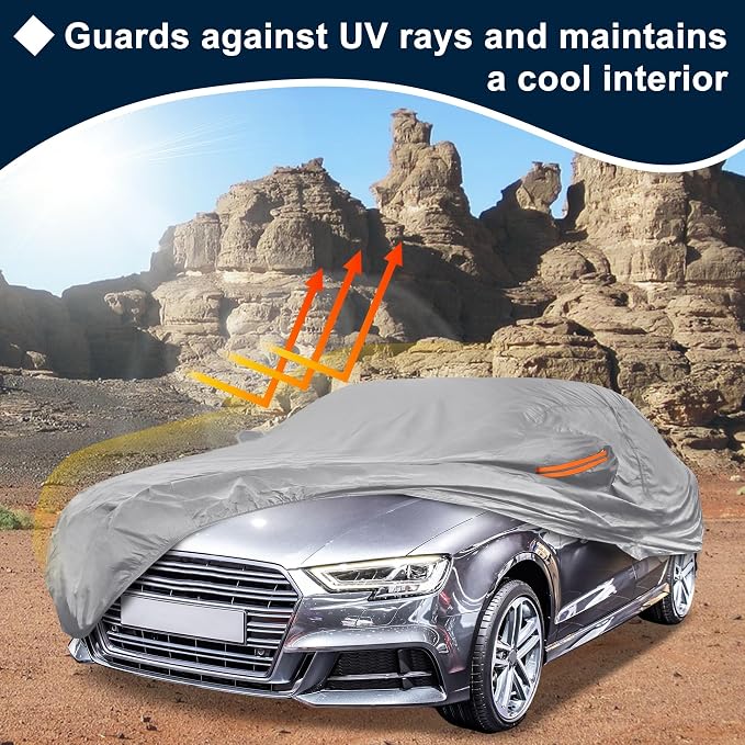 Silver Tone Heavy Duty Waterproof Car Cover for Sedan 179"-185" - All-Weather UV Protected Outdoor Full Exterior Cover with Sun/Snow/Rain Resistance