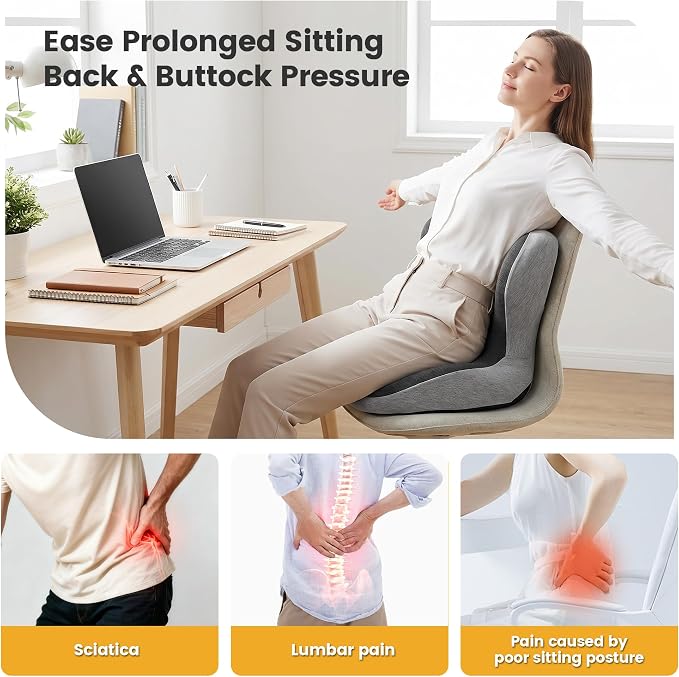 Urban Deco Memory Foam Seat Cushion for Office Chair, Sciatica Pain Relief Coccyx Cushion for Tailbone Pain, Orthopedic Gel Seat Cushion for Car, Non-Slip Bottom and Breathable Cover, Black & Grey