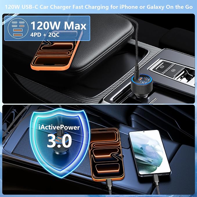 USB C Car Charger, Rombica 6-Port 120W USB-C&USB-A Car Power Adapter Dual 45W PD/QC Multiport Type C Fast Charging Car Accessories for iPhone 17 17 Pro Max 16 15 14 13 12 11/Galaxy S26 S25/Pixel/iPad