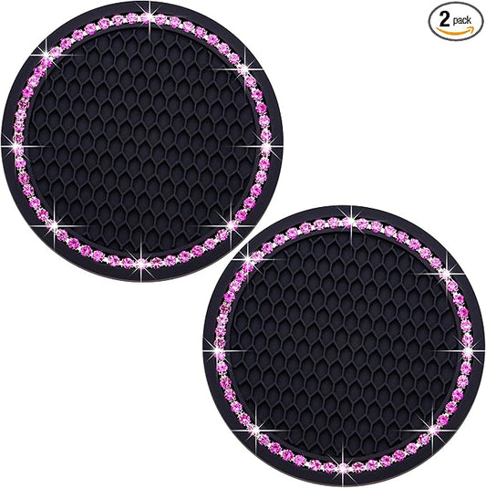 2PCS Bling Cup Holder Coaster, 2.75 Inch Auto Car Cup Holder Insert Coasters, Soft Silicone Anti-Slip Shockproof, Universal Vehicle Interior Accessories for Women Girls (Black & Pink)
