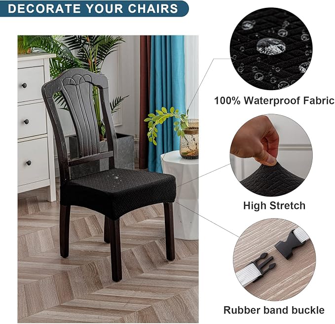 Genina Waterproof Seat Covers for Dining Room Chair Covers Waterproof Dining Chair Covers (6 PCS-Rear-Covered, Black)