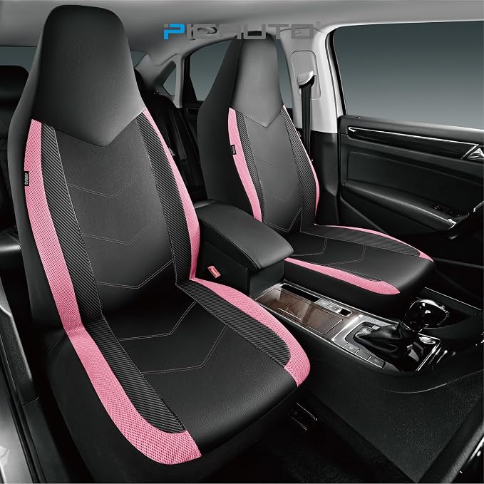 PIC AUTO Leather Car Seat Covers, Sports Carbon Fiber & Mesh Design, High-Back Two Front Set, Waterproof Automotive Seat Covers, Airbag Compatible, Universal Fit for Most Cars (Black & Pink)
