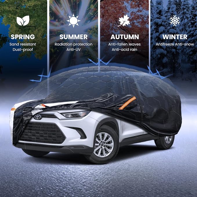 Multi-Layer Car Cover Custom Fit for Toyota Grand Highlander(2013-2026), 100% Waterproof All Weather for Automobiles, Gift with Towel, Heavy Duty Car Covers for Rain Sun UV Protection With Door Zipper