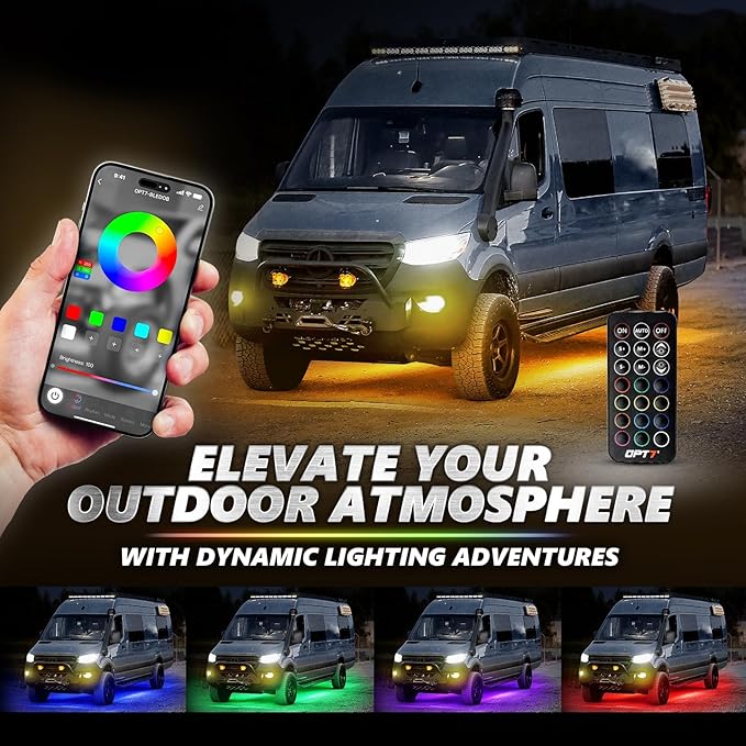 OPT7 Aura Pro RGB Aluminum RV Underglow Lights with App & Remote Control | Multicolor Music Sync Lighting, Exterior Accent Kit for Motorhome, Outdoor Camper Accessories, 12V Waterproof Rigid LED Bar