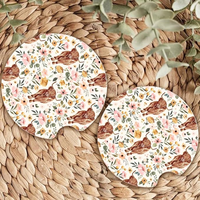 Ceramic Car Coasters – Absorbent Car Cup Holder Coaster Set for Women, Cute Aesthetic Car Accessories for Girls, 2 Pack (Mocha Mousse)