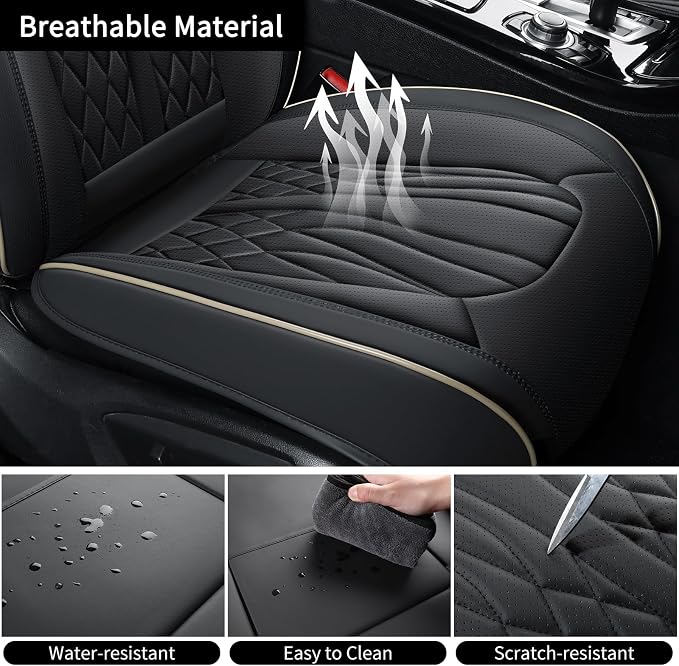 MINGBRON Seat Covers for Cars, Waterproof Seat Covers, Leather Car Seat Covers 2 Pack, Universal Seat Cushion Protector for Most Cars Black&Beige Line