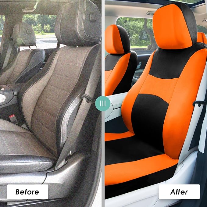 FH Group Full Set Cloth Car Seat Covers , Universal Fit combo, Low Back Front Seat Covers, Airbag Compatible, Split Bench Rear Seat, Washable Seat Cover for SUV,Sedan,Van Orange