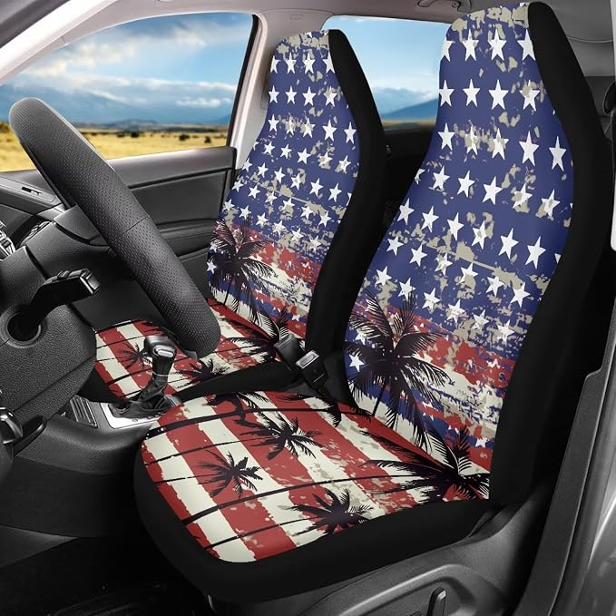 Palm Trees Front Car Seat Cover US Flag Auto Interior Accessories 2 Pcs Set Stretch Polyester Fabric Cover Patriotic All-Season Protection Suitable for Most Cars,SUV,Sedan