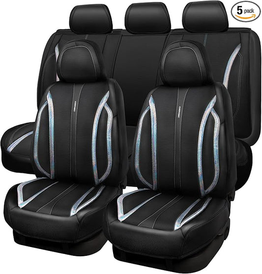CAR PASS Nappa Leather Seat Covers, Waterproof Durable Universal fit for Women Girly SUV Truck,Anti-Slip Driver Seat Cover with Backrest, full set 5 Holographic Black Silver strips Iridescent colorful