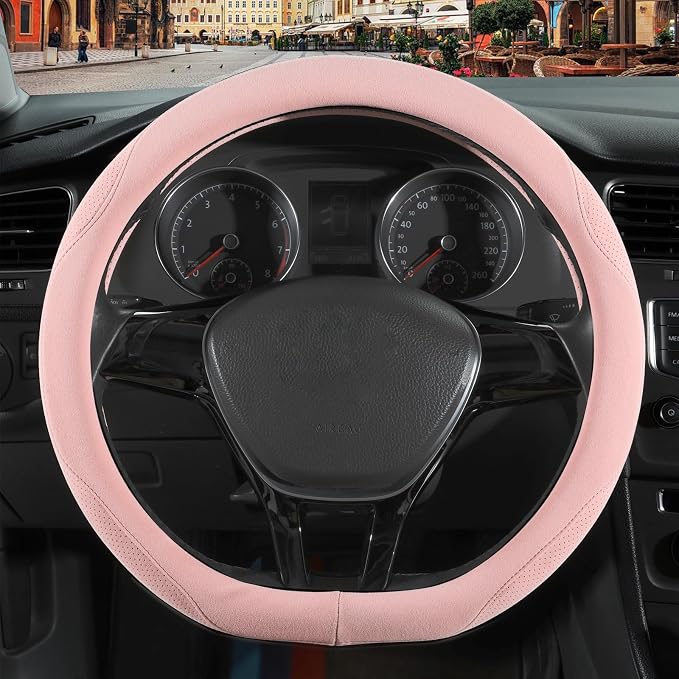 Pink Suede D Shaped Steering Wheel Cover 14.5 inch to 15 inch | Warm in Winter and Cool in Summer, Universal Felt Car Accessories, Breathable Non-Slip Sweat-Proof Wear-Resistant