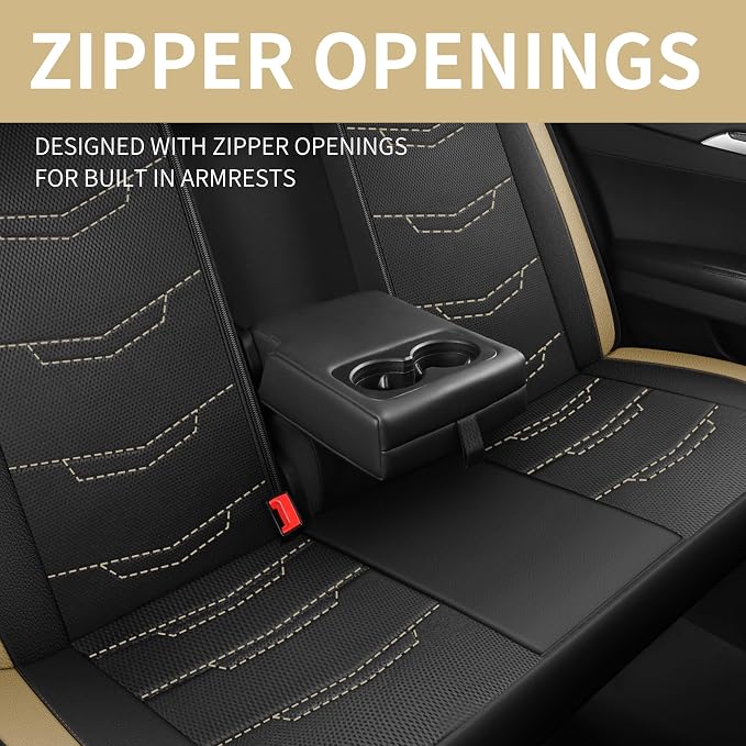 HChengkikz Car Seat Cover, Breathable and Sporty (Black + Beige) | Leather, Universal Fit for Most SUVs, Cars, Sedans, Trucks, Airbag Compatible, Easy to Install