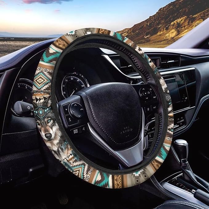 Wanyint Aztec Wolf Dream Catcher Car Steering Wheel Cover Universal 15 Inch for Cars Anti-Skid Soft Touch Elastic All Weather Protection