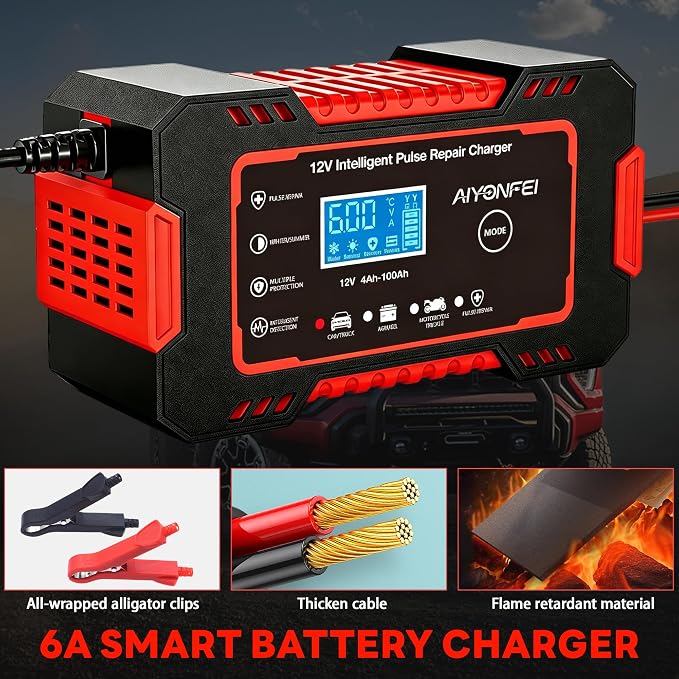 12V 6-Amp Battery Charger, Smart Trickle Charger & Maintainer RED | Battery Desulfator, Winter & Summer Mode, Lead-acid Battery Chargers, for Car Truck Motorcycle Lawn Mower Boat