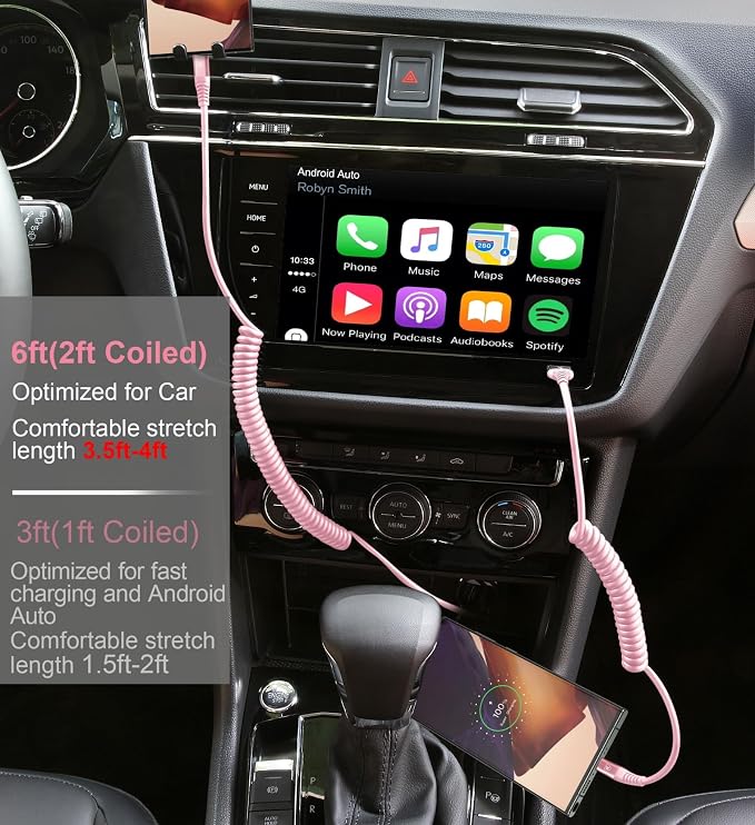 USB C to C Cable 6FT, 2Pack Coiled USB C Fast Charging Cable for CarPlay | iPhone USB-C Cable/Android Auto USB C Cord, USB Type C Cable for iPhone 17/16/15/Pro Max/Samsung Galaxy S23 and More-Pink