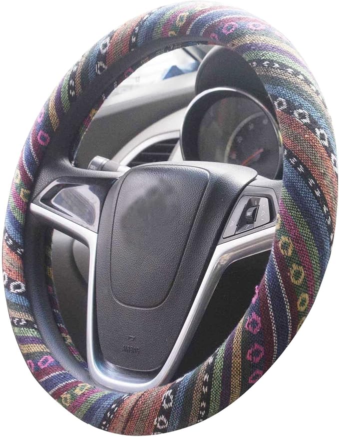 Ethnic Style Coarse Flax Cloth Automotive Steering Wheel Cover Anti Slip and Sweat Absorption Auto Car Wrap Cover (C, 15.25''-16'')