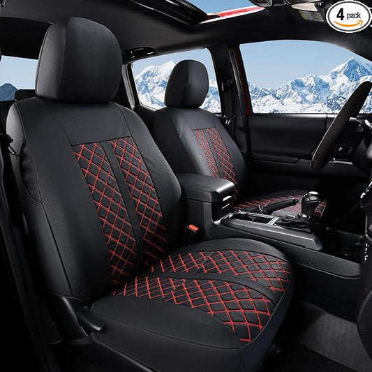 Truckiipa 2 Front Tacoma Seat Covers Leather Car Seat Covers Waterproof Truck Seat Cushion Protector Covers Fit for 2016-2023 Toyota Tacoma Double Crew Cab, Front Pair, Black&Red