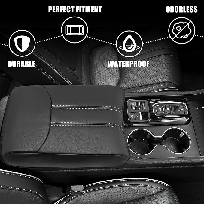 Muslogy Center Console Armrest Cover Fit for Honda Pilot 2023-2026, 2024-2026 Ridgeline/Passport Accessories, Comfort Armrest Pad Console Lid Cushion Vegan Leather Regular Thick(Black/White Trim)