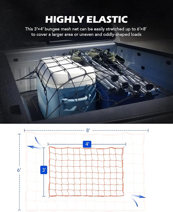 OMT 3x4ft Cargo Net Flat Webbing for Roof Rack and Truck Bed, Orange | Stretches to 6x8ft, Anti-Tangling 4x4in Design; Restraint Straps Included; Fast Setup; Ideal for SUV Roof Racks Trailer