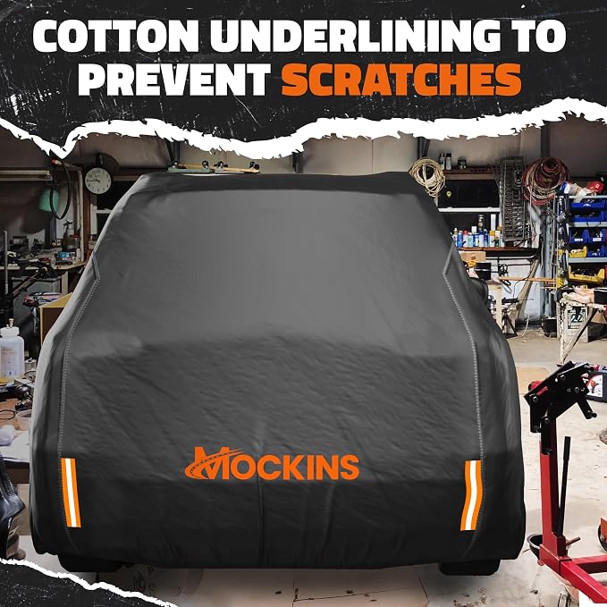 Mockins 200"x75"x57" SUV Car Cover Waterproof All Weather Heavy Duty Tarp | Dual-Layer 250G PVC & Soft Cotton Lining Full Exterior Covers | Windproof Large Car Cover for Snow & Rain with Buckle Strap