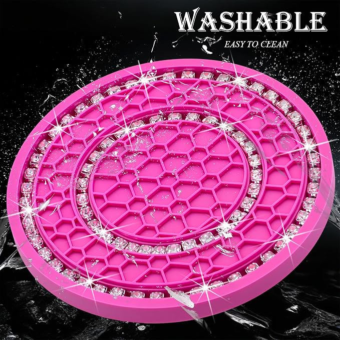 4PCS Bling Crystal Rhinestone Cup Holder Coaster, 2.75 inch Soft Silicone Anti-Slip Shockproof, Car Cup Holder Insert Coasters, Universal Car Interior Accessories for Women (Rose Red & White)