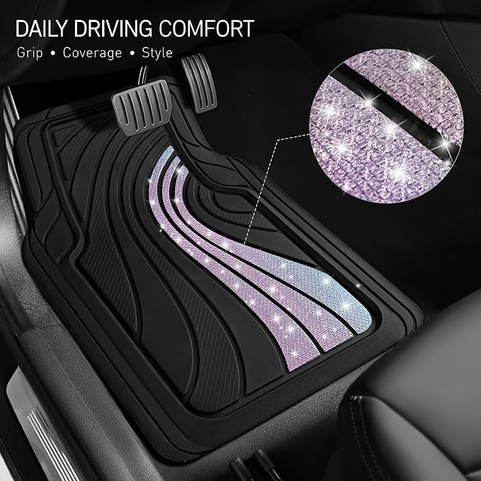 Road Comforts Car Floor Mats Full Set – Front & Rear Car Floor Mats with Aluminum Design, Anti-Slip Backing, All-Weather Protection, Trim-to-Fit Car Mats for Most Sedans, SUVs & Vans - Glitter