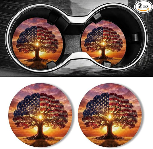 WOCOCN Car Coasters for Cup Holders - 2 Pack 2.75" Universal Rubber Car Cup Coaster, Non-Slip Waterproof Car Interior Accessories, Cute Car Decor Gifts for Women and Men (Flag Tree)