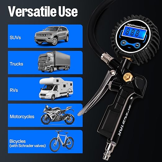 SPECSTAR 2 Pack Digital Tire Inflator with Pressure Gauge, Night Available | 250 PSI Air Chuck and Compressor Accessories with Rubber Hose and Quick Connect Attachment for 0.1 Display Resolution