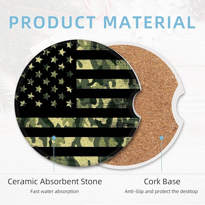 2 Pack Car Coasters for Cup Holders, 2.56" Universal Absorbent Ceramic Stone Car Cup Holder Coasters with Non-Slip Cork Base, Car Accessories for Women Men(Green Camouflage American Flag)