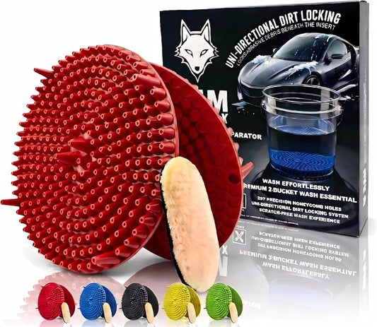 10.4" Heavy Duty Car Wash Bucket Insert (2-Pack) & Wash Mitt Kit - 10.6 oz Detailing Dirt Separator & Grit Trap, Scratch-Free Auto Wash, Fits 3.5 to 5 Gallon Buckets (Red Kit)