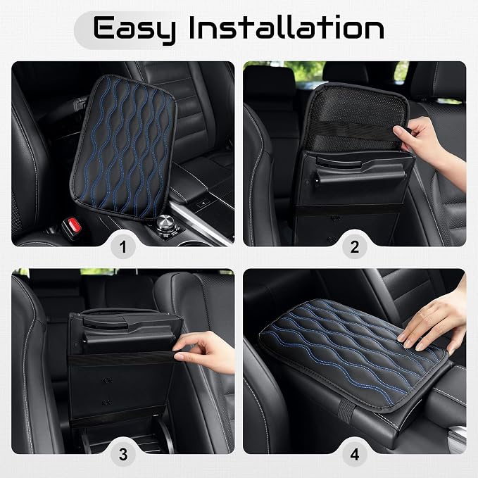 Amiss Car Center Console Cover, Upgraded Leather Car Armrest Cushion, Universal Waterproof Cushion Pad, Non-Slip Car Interior Accessories, Fits Most Sedans SUVs Trucks (Blue Line)