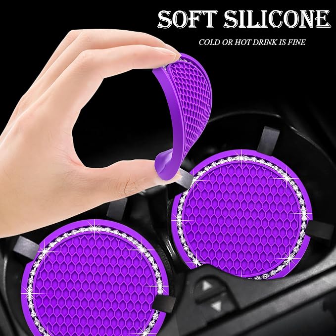 4PCS Bling Cup Holder Coaster, 2.75 Inch Auto Car Cup Holder Insert Coasters, Soft Silicone Anti-Slip Shockproof, Universal Vehicle Interior Accessories for Women Girls (Purple & White)