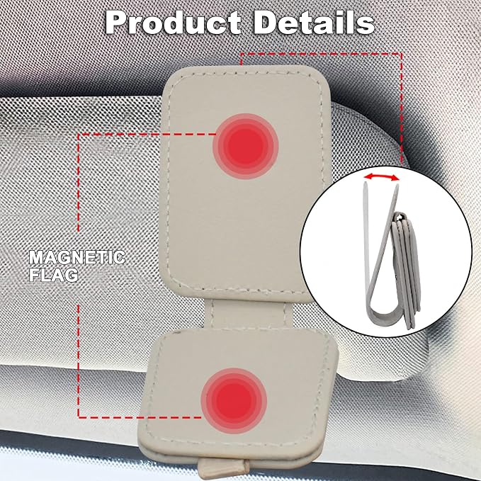 2 Pack Magnetic Leather Car Sunglass Holder, Beige | Leather Glasses Eyeglass Hanger Clip for Car, Sunglass Clip Glasses Holder for Car Visor
