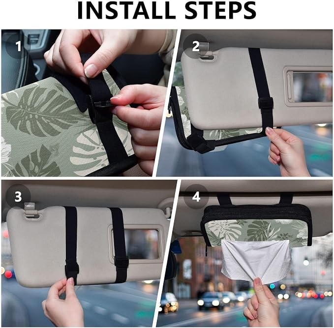 Car Visor Tissue Holder Mask Holder for Car, Car Tissue Box Sun Visor Napkin Holder Car Visor Accessories Adjustable Straps Reusable Durable Easy to Install Tropical Palm Leaves Birds Flower