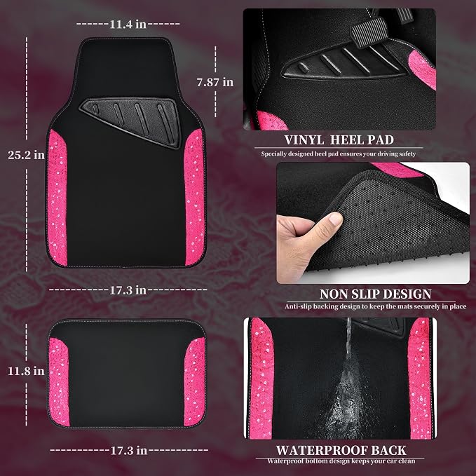 CAR PASS Universal Leather Pink Lace Car Seat Covers Full Set for Women Girls, Waterproof Car Floor Mats Carpet, Steering Wheel Cover for Cars Accessories Interior Sets 10PCS Included